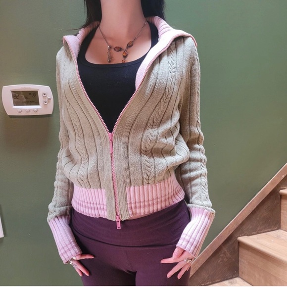 Tommy Hilfiger Sweaters - Tommy Hilfiger Pink and Green Zip-Up Cardigan